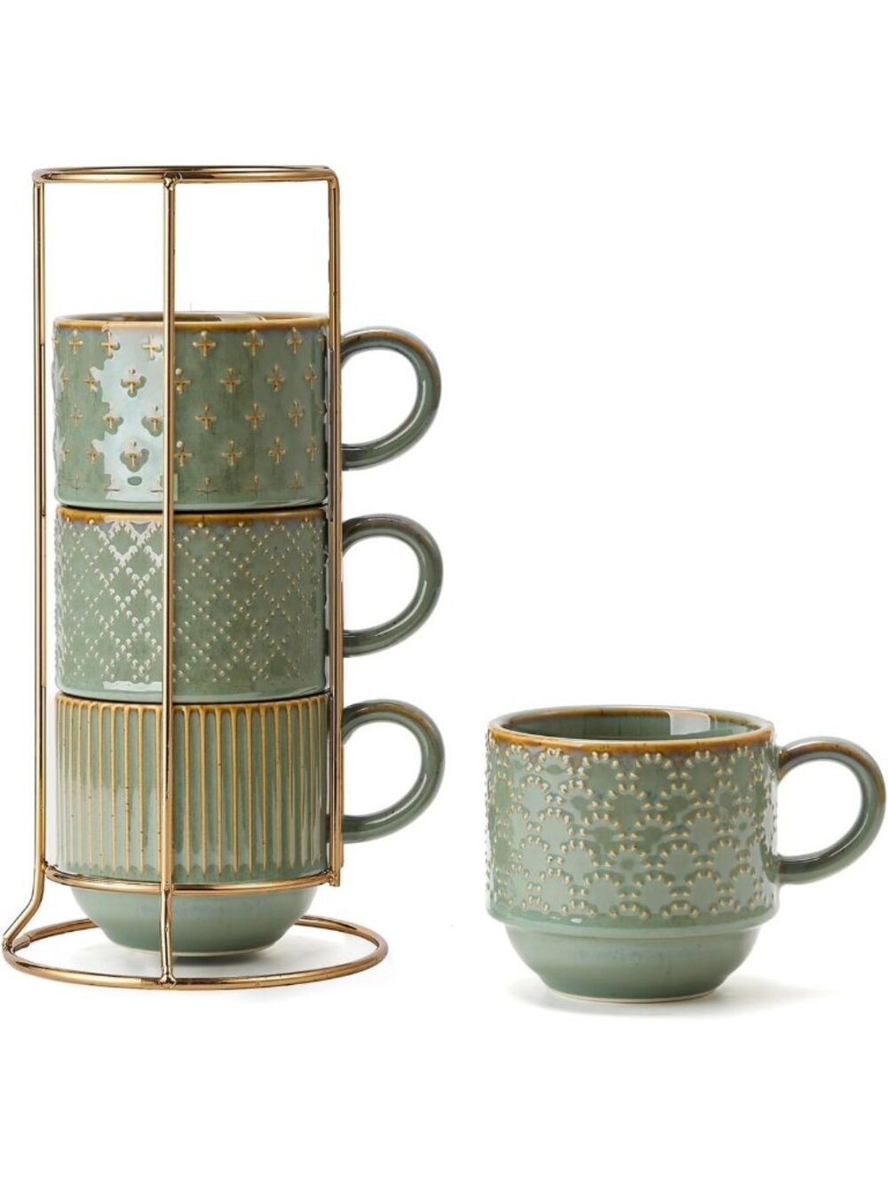Set of 4 Stackable Ceramic Coffee Mugs - 15 Oz Vintage Ribbed Cups, Dishwasher